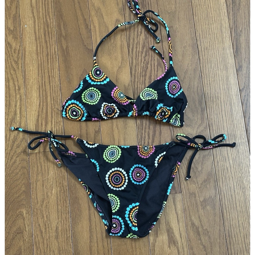 Victoria's Secret Bikini Small Black Multicolor Retro Print Tie Triangle Top
